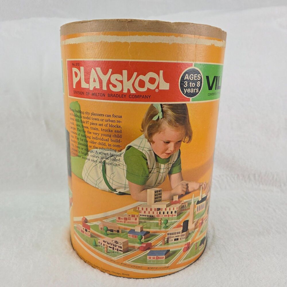 Vintage 1960s Playskool Village Building Set No. 310 – 77 of 97 Pieces W/ Can